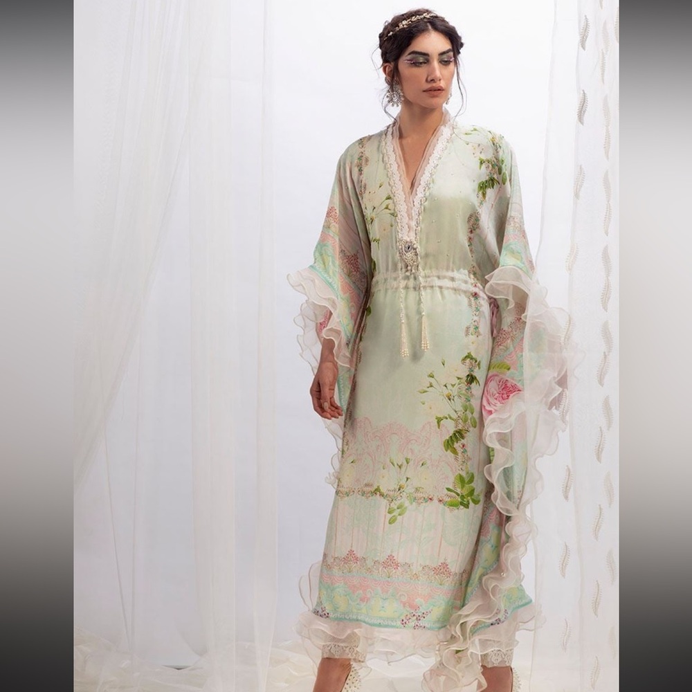 FTA Rose Garden Silk Kaftan with Embroidered Motifs and trimmings
